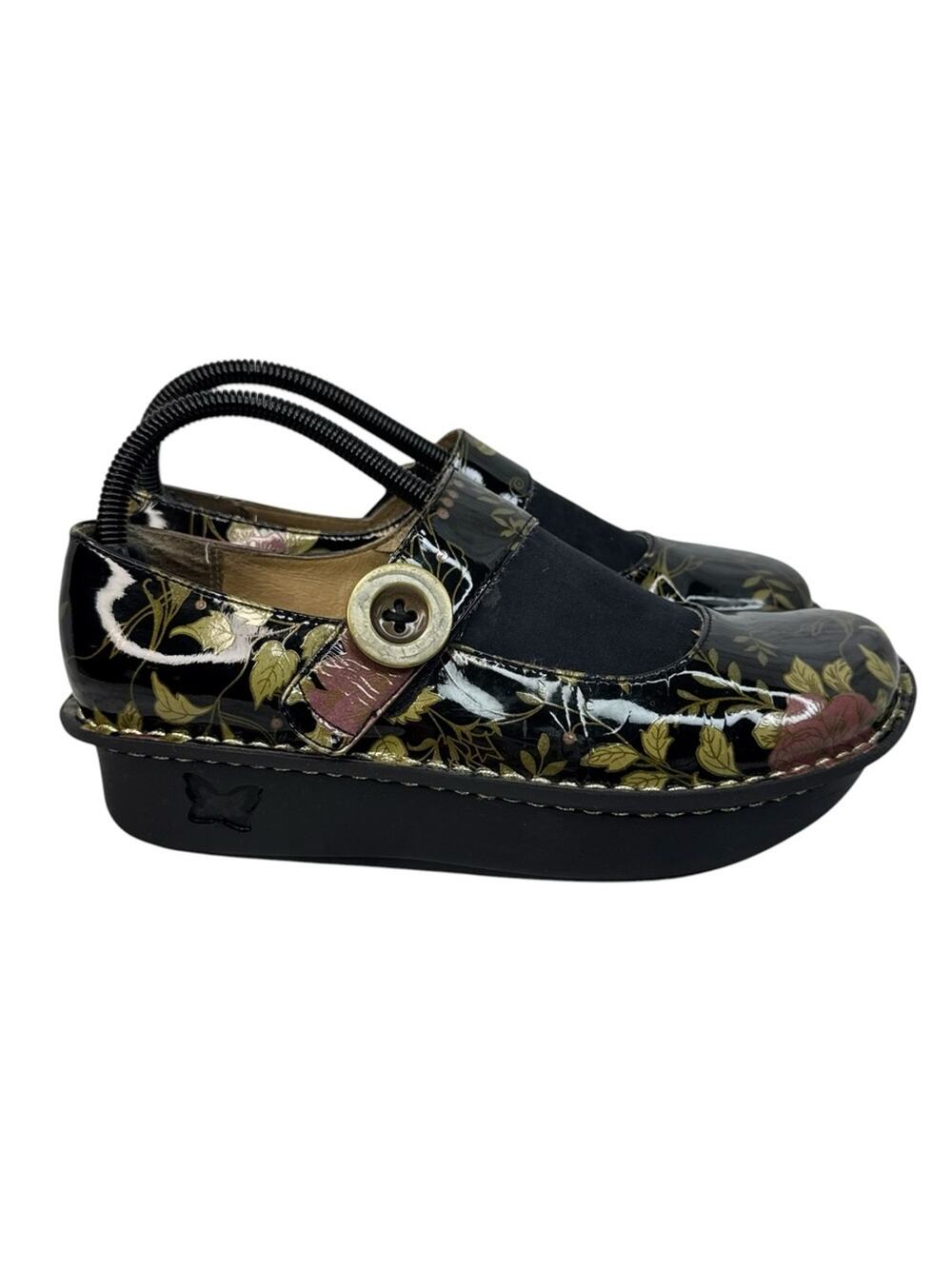 ALEGRIA PG Lite Black Rose Floral Patent Leather Slip On Shoes Sz EU 37/US 7/7.5
